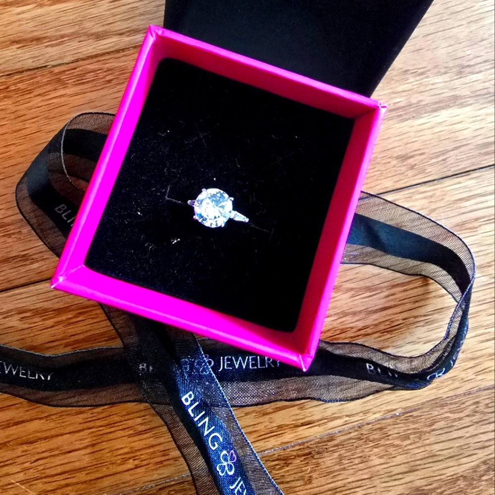 Size 6 CZ Engagement Ring with Baguette Side CZ Stones in Silver